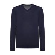 Navy Blue Wool V-Neck Pullover Kiton , Blue , Heren