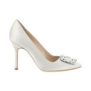 Kristallen Gesp Zijden Satijnen Pumps Manolo Blahnik , Gray , Dames