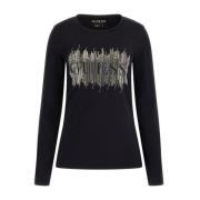 Logo Strass Longsleeve T-shirt Guess , Black , Dames