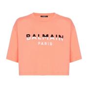 Flocked Paris cropped T-shirt Balmain , Pink , Dames