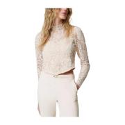 Kanten cropped blouse met mandarijnkraag Twinset , White , Dames