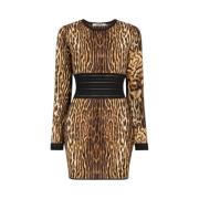 Ocelot-Print Mini Jurk met Gehaakte Randen Roberto Cavalli , Brown , D...