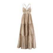 Bloemen Kant Lange Jurk met Volant Ermanno Scervino , Beige , Dames