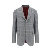 Geruite Zijden Blazer Jas Brunello Cucinelli , Gray , Heren