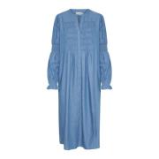 Blauwe Denim Jurk met Smock Panelen Cream , Blue , Dames