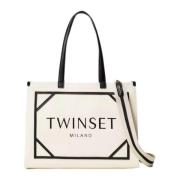 Canvas Shopper Tas met Logo Print Twinset , Beige , Dames