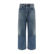 Wijde katoenen jeans met leren patch R13 , Blue , Dames