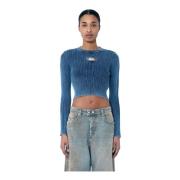 Rib Top met Logo Plaque Diesel , Blue , Dames