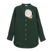 Linnen Blouse met Broche Oltre , Green , Dames