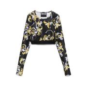 Barocco Print Crew Neck Top Versace Jeans Couture , Black , Dames