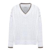 Gestreepte V-hals gebreide trui Brunello Cucinelli , White , Dames