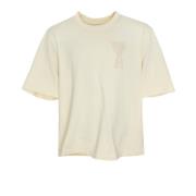 Geribbelde Ronde Hals T-Shirt Ami Paris , Beige , Heren