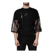 Zwarte Kant Crew Neck T-shirt met Logo Dolce & Gabbana , Black , Heren