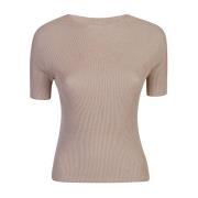 Geribbelde ronde hals half mouw shirt Eleventy , Beige , Dames