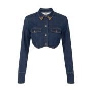 Denim Cropped Shirt met Juweel Details Elisabetta Franchi , Blue , Dam...