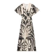 Lange Jurk in Zijdeblend met Tropische Print Oltre , Multicolor , Dame...