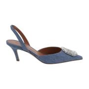 Gedrukte Denim Sling Pumps met Spiegelaccessoire Amina Muaddi , Blue ,...