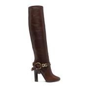 Leren Knielaarzen met Gouden Detail Dolce & Gabbana , Brown , Dames