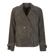 Suède Leren Jas Khaki Dubbel-Breasted Max Mara Weekend , Brown , Dames