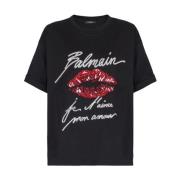 Korte Mouw Bedrukte Kus T-shirt Balmain , Black , Dames