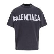 Nieuwe Tape Print Katoenen T-shirt Balenciaga , Gray , Heren