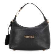 Hobo tas van leer met reliëf logo Versace , Black , Dames