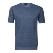 Lichtblauw Linnen T-shirt met Geribbelde Randen Roberto Collina , Blue...