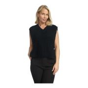 Zwarte Gebreide Vest met Decoratieve Knopen 2-Biz , Black , Dames