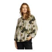 Khaki Circle Blouse met Plooien 2-Biz , Green , Dames