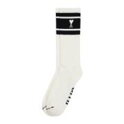 Gestreepte Logo Intarsia Sokken Ami Paris , White , Heren