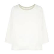 Satin en Jersey T-shirt met Lurex Trim Motivi , White , Dames