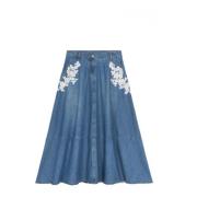 Bloemen Geborduurde Lange Denim Rok Oltre , Blue , Dames