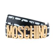 Leren riem met gouden metalen branding Moschino , Black , Dames