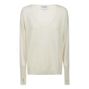 Cashmere V-Neck Sweater met Ribbed Edges Kujten , White , Dames