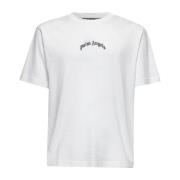 Wit Katoenen T-shirt met Gebogen Logo Palm Angels , White , Heren