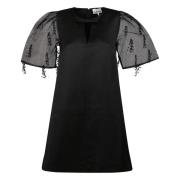 Korte zwarte jurk met franje en organza mouwen Ganni , Black , Dames