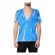 Blauw Patroon V-hals T-shirt Dolce & Gabbana , Blue , Heren