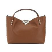 Gestructureerde Leren Rockstud Tote Tas Valentino Garavani , Brown , D...