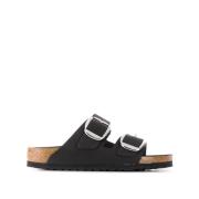 Zwarte Platte Leren Sandalen Birkenstock , Black , Dames