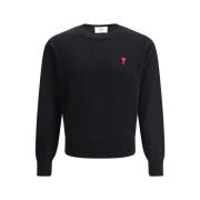 Geribbelde Crew Neck Wollen Trui met Logo Ami Paris , Black , Heren