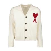 V-Hals Cardigan met Geborduurd Hart Logo Ami Paris , White , Dames