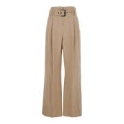 Beige Linnen Broek met Plooien en Taille Riem Eleventy , Beige , Dames