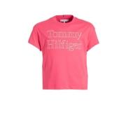 Tommy Hilfiger T-shirt met logo koraalrood Meisjes Katoen Ronde hals L...