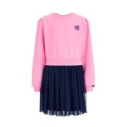WE Fashion jurk roze/donkerblauw Meisjes Katoen Ronde hals Effen - 92