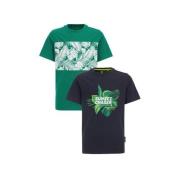 WE Fashion T-shirt - set van 2 groen/zwart Jongens Katoen Ronde hals P...