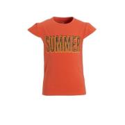anytime T-shirt met printopdruk koraalrood Meisjes Katoen Ronde hals P...