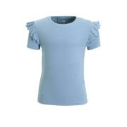 WE Fashion T-shirt met ruches lichtblauw Meisjes Stretchkatoen Ronde h...
