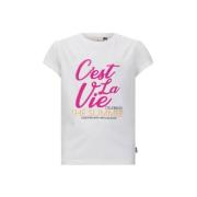 Retour Jeans T-shirt Zoey met tekst wit/fuchsia Meisjes Katoen Ronde h...