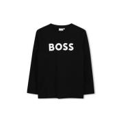 BOSS longsleeve met logo zwart Jongens Katoen Ronde hals Logo - 152