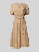 Midi-jurk van een mix van linnen en viscose met strikceintuur